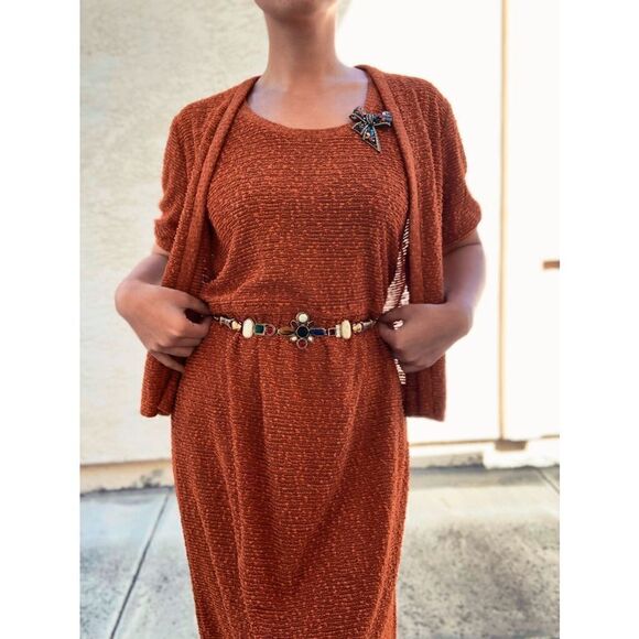 VTG 70s Jonathan Logan Ginger Brown Woven Midi Dress Cardigan Set USA Made 4/6 - Picture 3 of 10